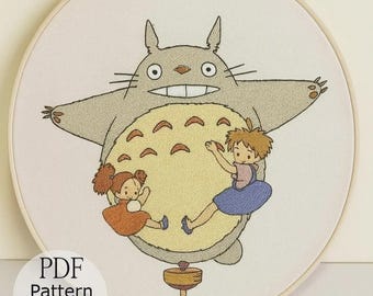 Totoro Embroidery Design, Ghibli Embroidery Pattern, Japanese Embroidery, Hand Embroidery Anime, Hand Embroidery for Beginner