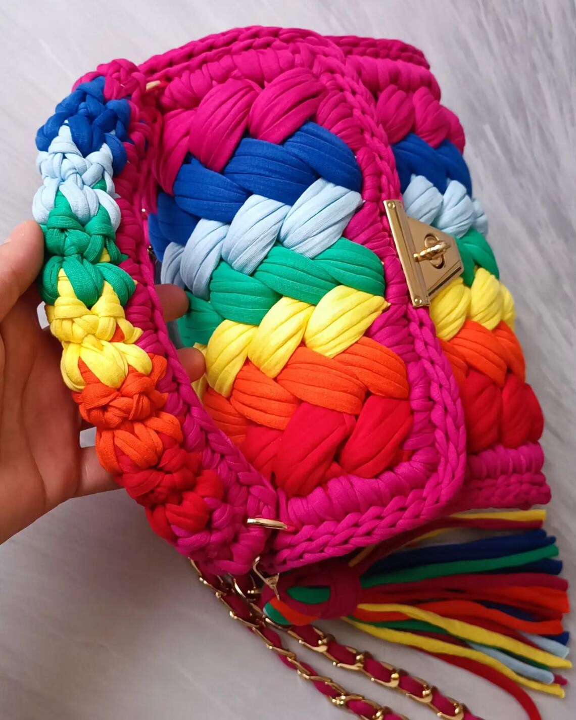 Vibrant Handmade Yarn Purse – Rainbow Crochet Bag – Crossbody or ...