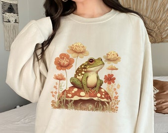 Red Mushroom and Frog Crewneck Sweatshirt, mushroom sweatshirt, frog sweatshirt, fairycore shirt, cottage core shirt, Goblincore clothing