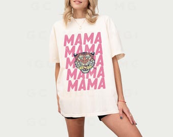 Comfort Colors Mama Tiger Graphic Tee Shirt | Edgy Rocker Lightning Bolt Cool Mom Mama Shirt