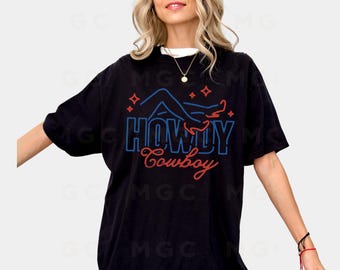 Comfort Colors Graphic Tee - Howdy Cowboy Neon Sign shirt, trendy oversized cowgirl shirt, cute country concert tee, cool it cowboy tshirt