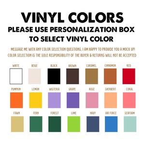 May include: A chart of vinyl colors for crafting projects. The colors are arranged in rows and labeled with their names, including white, beige, black, brown, caramel, cinnamon, red, pumpkin, lemon, wisteria, grape, rose, sherbert, coral, fawn, fern, forest, lime, navy, air force, and seafoam.