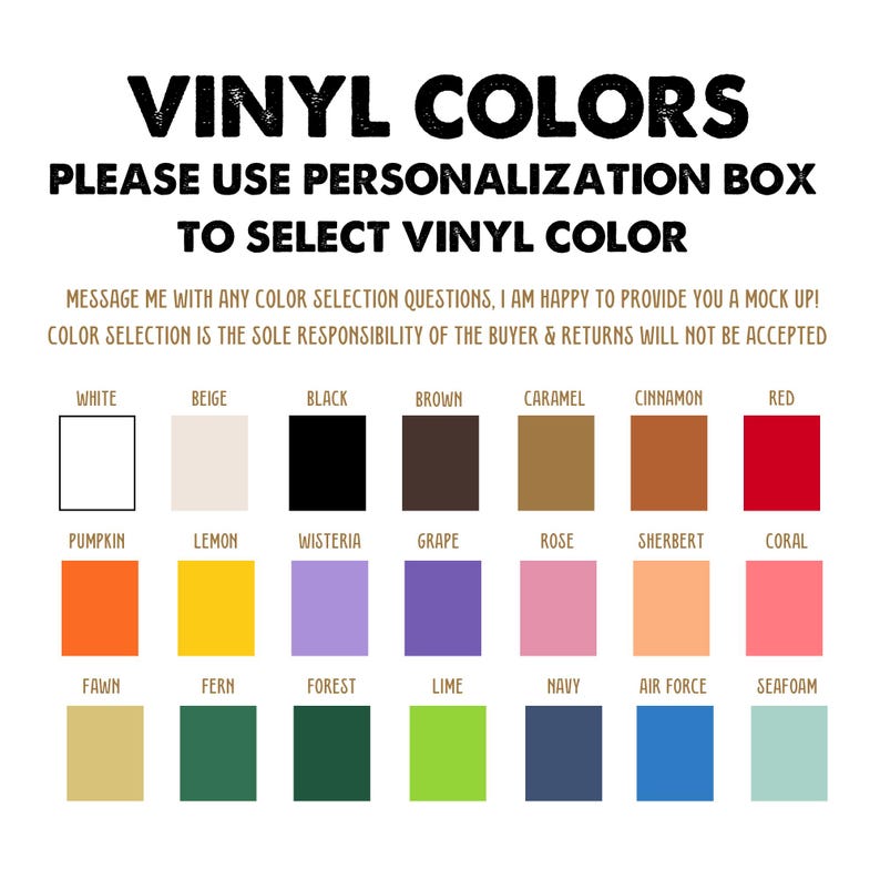 May include: A chart of vinyl colors for crafting projects. The colors are arranged in rows and labeled with their names, including white, beige, black, brown, caramel, cinnamon, red, pumpkin, lemon, wisteria, grape, rose, sherbert, coral, fawn, fern, forest, lime, navy, air force, and seafoam.