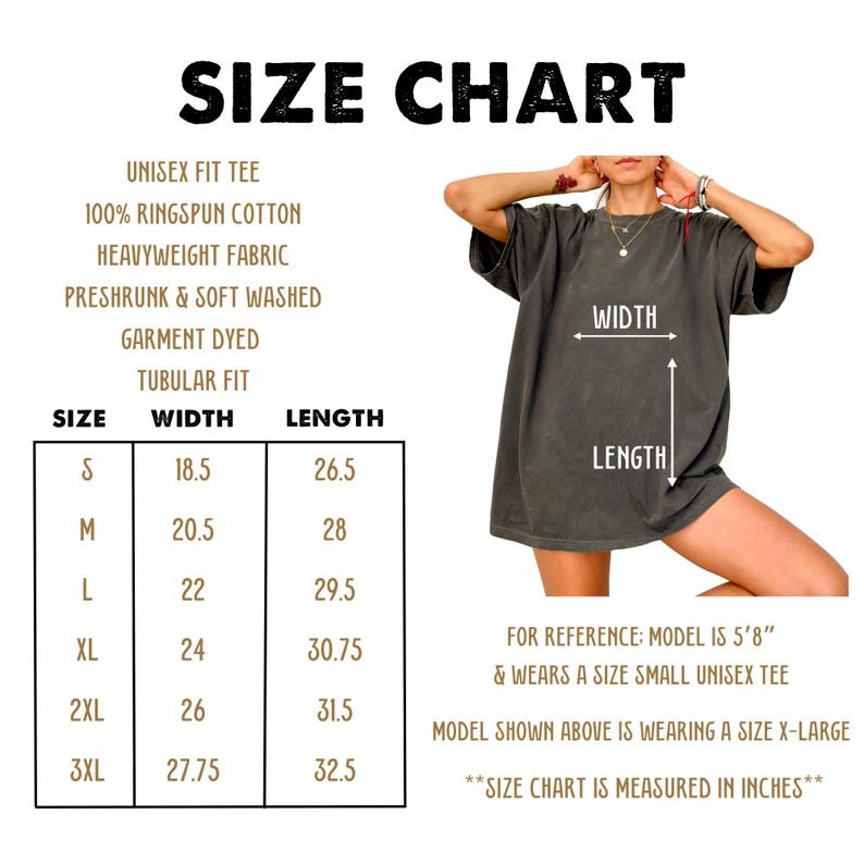 May include: Size chart for a unisex fit tee, made of 100% ringspun cotton, heavyweight fabric. The chart shows the width and length measurements in inches for sizes S, M, L, XL, 2XL, and 3XL. The chart also includes a photo of a model wearing a size small tee.