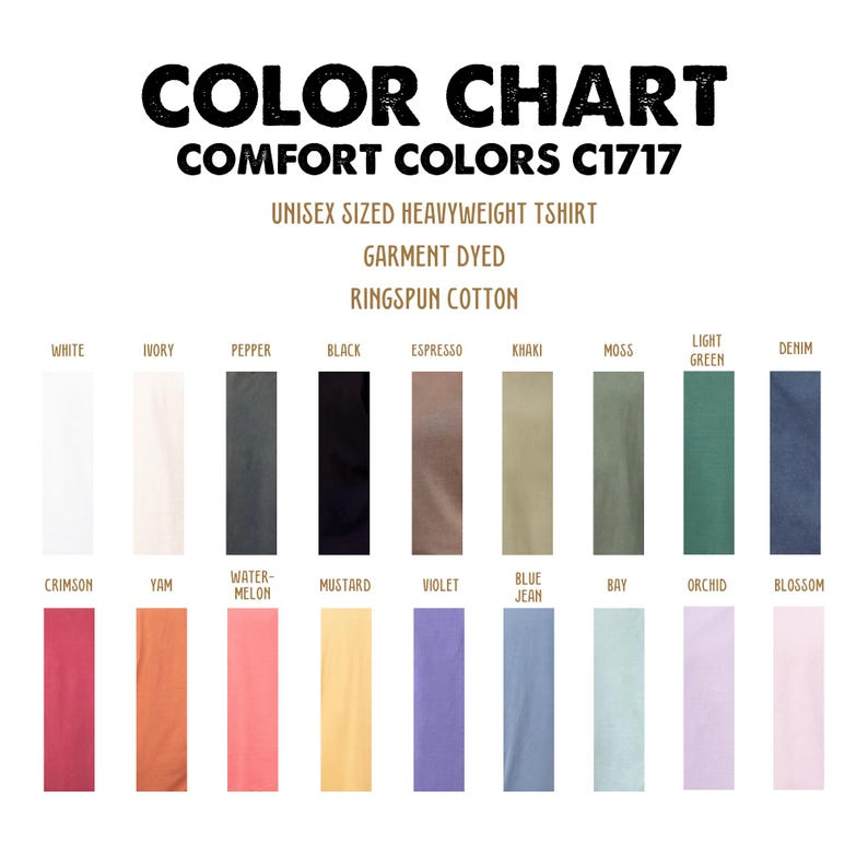 Pu&ograve; includere: Tabella colori che mostra 20 colori diversi di t-shirt unisex pesanti. I colori sono disposti in due file da dieci. La fila superiore include colori come bianco, avorio, pepe, nero, espresso, kaki, muschio, verde chiaro e denim. La fila inferiore include colori come cremisi, yam, anguria, senape, viola, blu jeans, baia, orchidea e fiore.