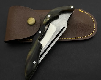 Handmade N690 Steel Horn Handle Engraved Folding Knife, Custom Pocket Knife and Leather for Men Personalized Hunting Gift Groomsmen Knife