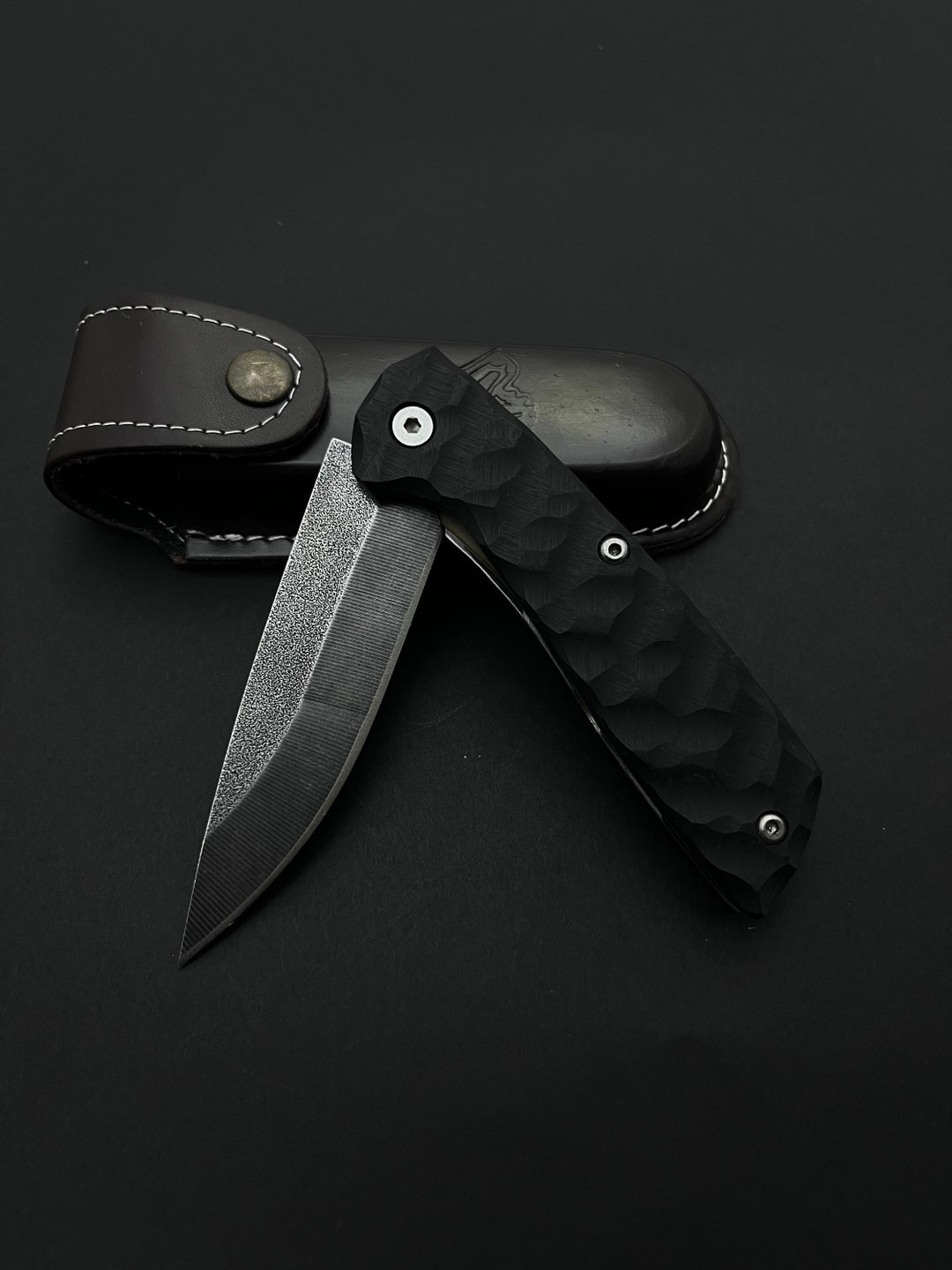 Hand-Engraved J2 Steel Folding Knife with Leather Case - 7.5