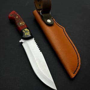 11&quot; Custom Engraved Hunting Knife with Orange Leather Sheath, Personalized Gift for Camping Boyfriend Birthday Outdoor Anniversary Knives