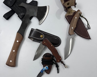 4 pcs Outdoor And Camping Equipment Set Bushcraft Knife, Handmade Pocket Knife Camping Ax Necklace Knife Camping Gift Knife Razor Sharp