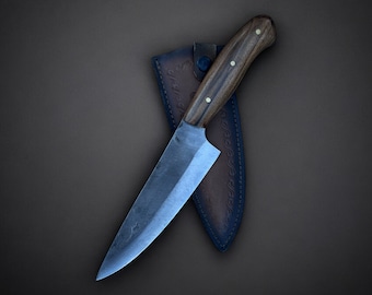 Hand Forged Steel Chef Knife: Walnut Handle, Personalized Gift for Cook