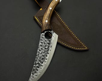 Handmade Finger Hole Chef Knife: High Carbon Steel, Walnut Handle, Leather Sheath