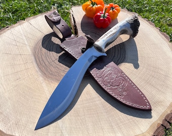 Handmade Kukri Knife with Stag Antler Handle and Leather Sheath, Deer Antler Machete Blade Hunting Khukri Groomsmen Knives Gift Custom Knife