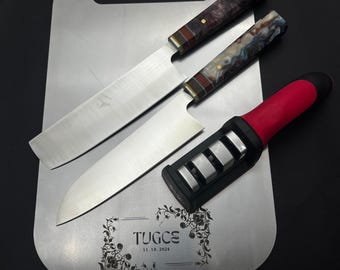 Personalized Stainless Steel Serving Board, Chef Knives Sharpener Options Premium Kitchen Set Best Precision Cutting Cook Gift for Chef Mom