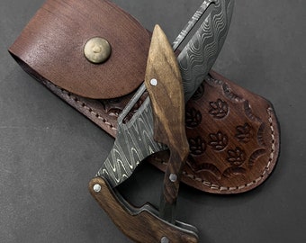 Custom Damascus Blade Folding Pocket Knive Leather Case Hunting Gift For Men Collectible Groomsmen Gifts Outdoorsy Women Gift Made in Turkey