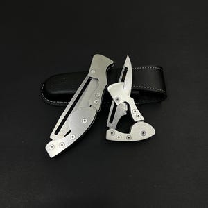 Couteau de poche pliant en acier inoxydable : étui en cuir, cadeau de chasse en plein air