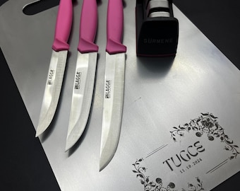 Personalized Stainless Steel Cutting Board Set: Pink Vegetable Knives & Sharpener