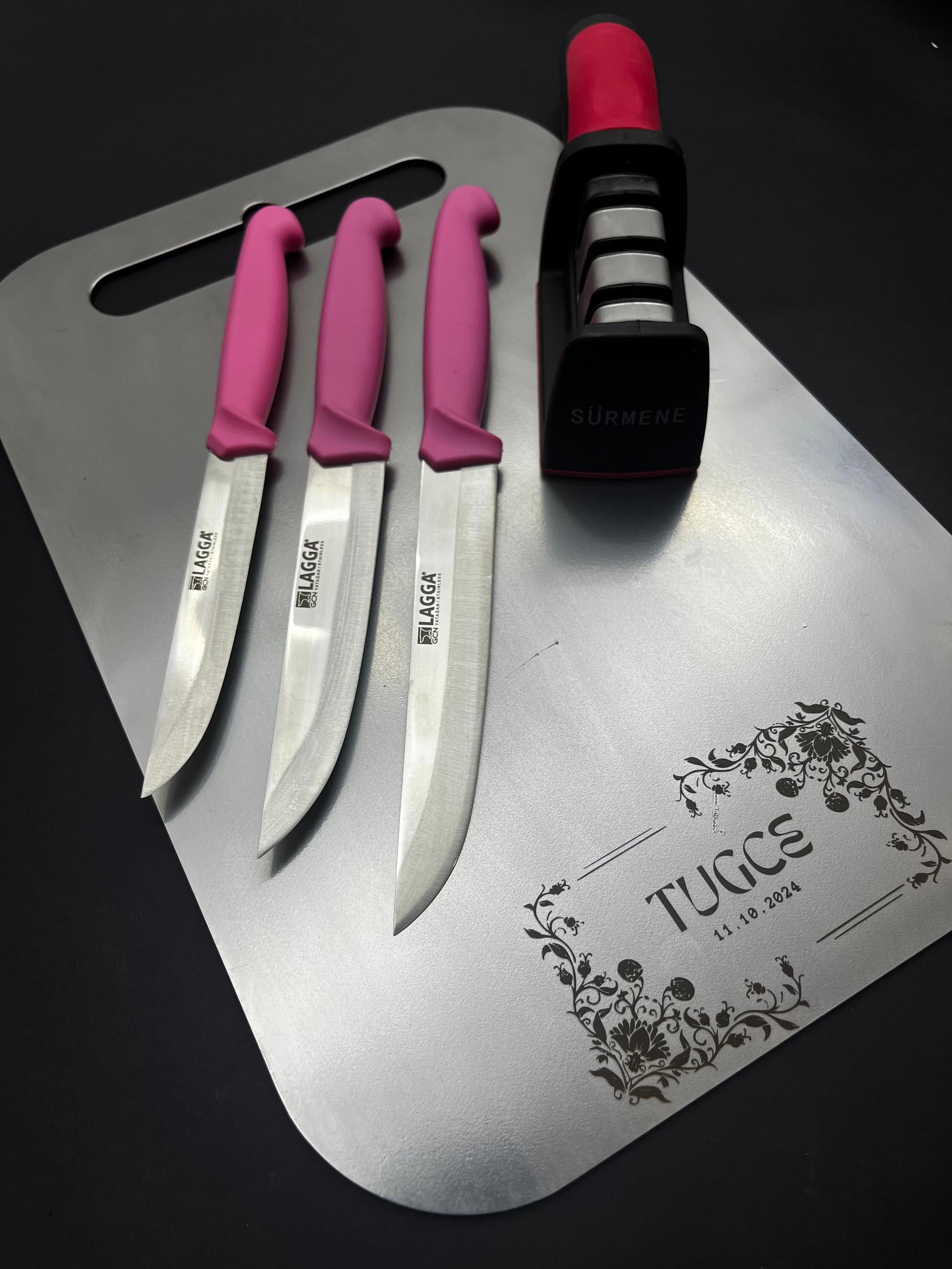 Personalized Serving Board Stainless Steel Cutting Board, Pink Vegetable Knife Set, Perfect for Kitchen Prep Precision Best Christmas Gift
