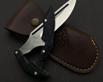 Handmade N690 Steel Black Epoxy Resin Engraved Folding Knive Pocket Knife and Case Custom Gift For Men Hunting Gift For Him Groomsmen Knives
