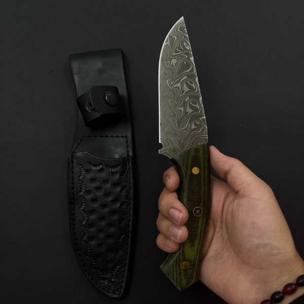 Handmade Damascus Steel Made in Turkiye Hunting Knife Bushcraft Knife with Sheath EDC Survival Knife for Men Fixed Blade Stabilized Handle
