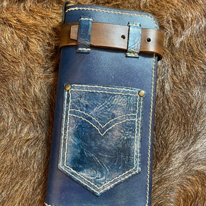 Cartera larga de cuero hecha a mano, color azul