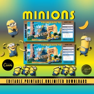 Entrada sorpresa personalizable de Universal Studios, Entrada editable para el parque temático Minions, Entradas de vacaciones imprimibles para viaje a Florida