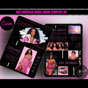 Modèle de portfolio UGC rose et noir, kit média pour influenceurs, toile de modèle de portfolio UGC, tableau des tarifs ugc, kit média ugc, site Web UGC