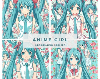 May include: A digital illustration of an anime girl with long turquoise hair, wearing a white sleeveless shirt with a blue tie, and a red bow. The background is a pattern of pink and white flowers.