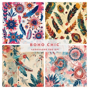 Könnte beinhalten: Eine Collage aus vier digitalen Kunstmustern mit Boho-Thema. Die Muster zeigen Blumen- und Federdesigns in Blau-, Orange-, Rosa- und Türkistönen auf cremefarbenem Hintergrund. Der Text "BOHO CHIC" wird in der Mitte angezeigt.