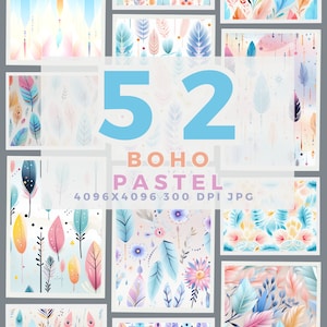 May include: A set of 52 digital seamless patterns featuring a boho style with pastel colors. The patterns include feathers, leaves, and flowers. The patterns are 4096 x 4096 pixels and 300 DPI.