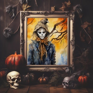 Scarecrow print Halloween theme spooky decor vintage haunted house water color painting