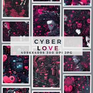 May include: A digital collage of nine images with a cyberpunk theme. The images feature a variety of subjects, including robots, cyborgs, and hearts. The images are set against a dark background with neon pink accents. The text "CYBER LOVE 4096X4096 300 DPI JPG" is displayed in the centre of the collage.