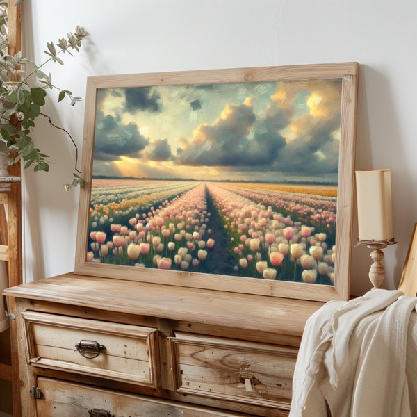 Peinture à l'huile champ sans fin de tulipes - style vintage, art impressionniste du printemps