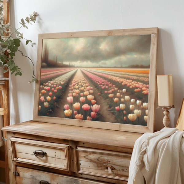 Peinture à l'huile représentant un champ de tulipes sans fin dans des couleurs pastel - oeuvre d'art impressionniste de style vintage