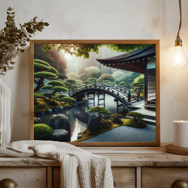 Printable Japanese Zen Garden Wall Art Poster - Wooden Bridge Over Pond