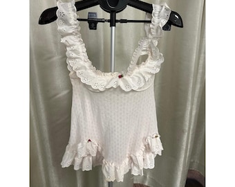 Vintage Coquette White Pointelle Knit Camisole | Eyelet Lace & Rosettes