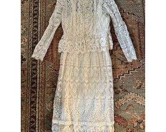 Vintage 70s Ivory Lace 2-Piece Dress Set Pearl Buttons Midi  Cottagecore Sz 12