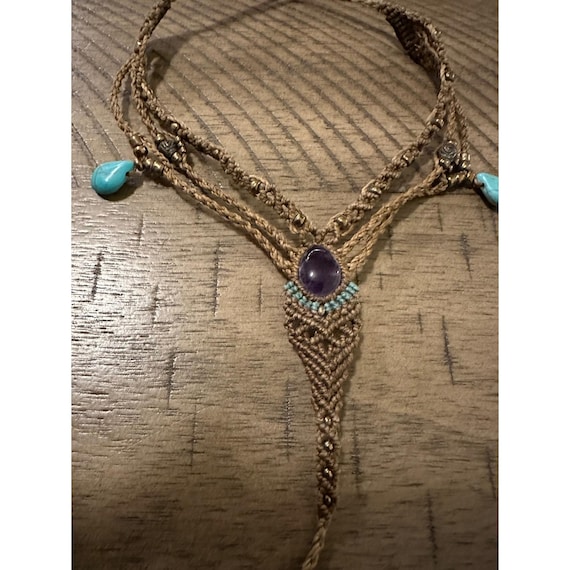 Tulum Artisan Macramé Toe-Loop Anklet Amethyst & … - image 1