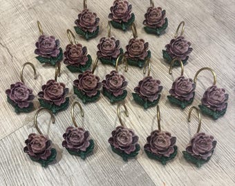 Set of 20 Vintage Shabby Chic Rose Shower Curtain Hooks - Mauve/Dusty Rose