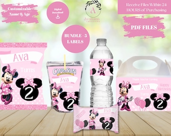 Minnie Mouse - Etiquetas para recuerdos de fiesta - Paquete de 5 - Cumpleaños - Bolsa de papas fritas - Agua - Jugo - Barra de dulces - Bolsa de recuerdos - Descarga digital - Archivos digitales