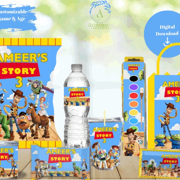Toy Story - Etiquetas de fiesta - Bolsa de chips - Botella de agua - Barra de caramelo - Golosina de arroz - Jugo - Pringles - Bolsa de favores - Set de pintura - Unisex - DESCARGA DIGITAL