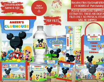 May include: Printable party favor labels featuring Mickey Mouse Clubhouse characters. The labels are red, yellow, and blue with Mickey Mouse, Minnie Mouse, Donald Duck, Goofy, and Pluto. The labels are for water bottles, juice boxes, snack bags, and favor bags. The labels say "Ameer's Clubhouse" and "Thank You for Coming!"