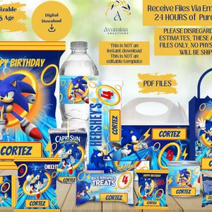 Gamer Party Labels - Sonic Birthday - Chip bag - Water bottle-Chocolate - Juice- Favor Bag- Skittles- Sonic Party Favors -Digital Download