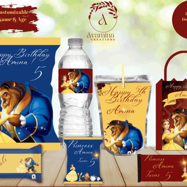 Beauty and The Beast Party Pack Labels - Chip bag - Water bottle - Chocolate-Rice Krispies -Fruit Snacks- Juice- Favor bag- DIGITAL DOWNLOAD
