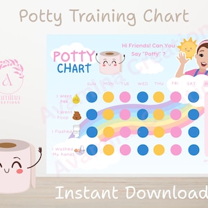 May include: A potty training chart with a light blue background and a rainbow. The chart includes spaces for tracking progress, with illustrations of a toilet, pee, poop, and hand washing. The text "Potty Chart" is displayed prominently.