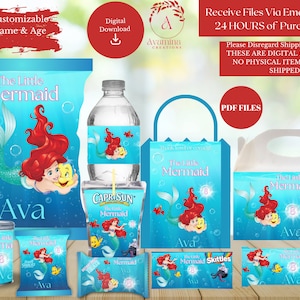 Prinzessin Meerjungfrau Party Etiketten - Meerjungfrau -Digitale Dateien-Gastgeschenke-Unter dem Meer- Ariel Chip Tüte-Mädchen Geburtstag-Digitaler Download-PDF dateien