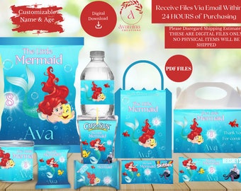 Princess Mermaid Party Labels - Mermaid -Digital Files-Party favors-Under the Sea- Ariel Chip bag-Girl Birthday-Digital Download-PDF files