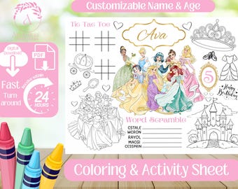 Princess - Coloring/Activity Page- Princess Party Favor- Princess Birthday- Princess Activity Sheet - Digital Download- PDF File