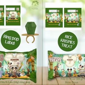 May include: Jungle-themed party favor labels for ring pops and Rice Krispies treats. The labels feature a cartoon jungle scene with Mickey Mouse and friends. The labels are printed on green and brown paper with the text "Ring Pop" and "Rice Krispies Treats" printed in white. The labels are designed to fit 0.5 oz ring pops and 0.78 oz Rice Krispies treats.