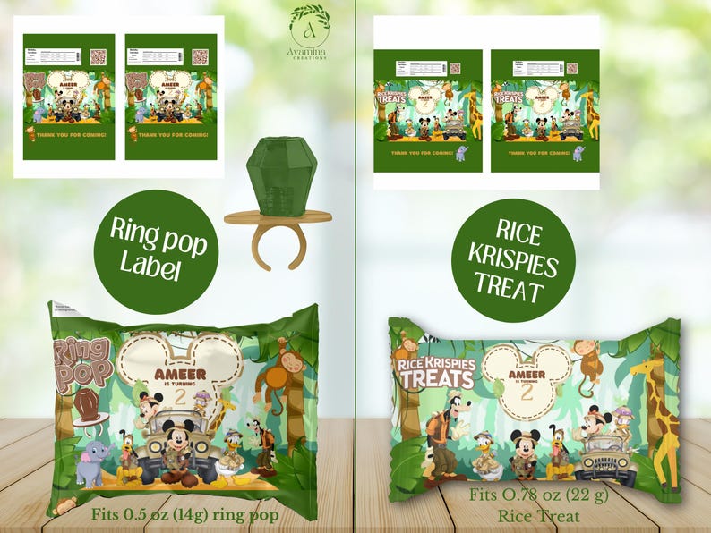 May include: Jungle-themed party favor labels for ring pops and Rice Krispies treats. The labels feature a cartoon jungle scene with Mickey Mouse and friends. The labels are printed on green and brown paper with the text "Ring Pop" and "Rice Krispies Treats" printed in white. The labels are designed to fit 0.5 oz ring pops and 0.78 oz Rice Krispies treats.