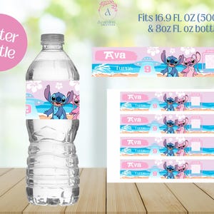 May include: Water bottle labels featuring Stitch and Angel from Lilo & Stitch. The labels are pink and blue with a beach scene and the text "Ava Turns 9". The labels are designed to fit 16.9 fl oz (500 ml) and 8 oz water bottles.